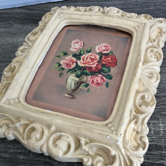Vtg Chalkware Framed Floral Art - Picture 6 of 11